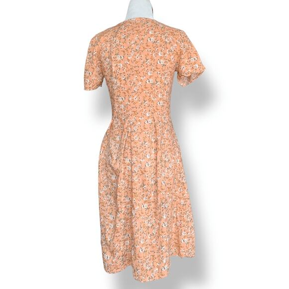 Vintage 90s Peach Floral Mini Dress Rayon Button Front Short Sleeve Scoopneck - Picture 5 of 11